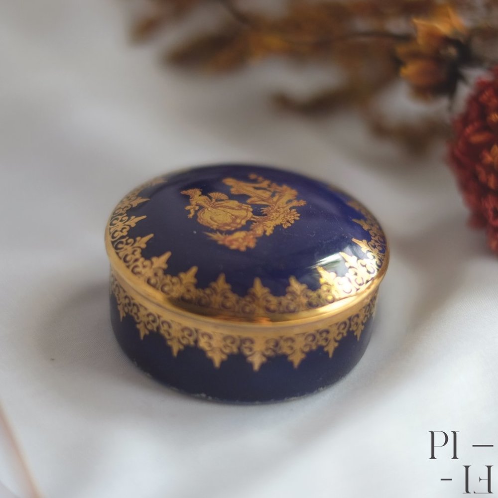 Limoges Lazeyras cobalt and gold trinket box